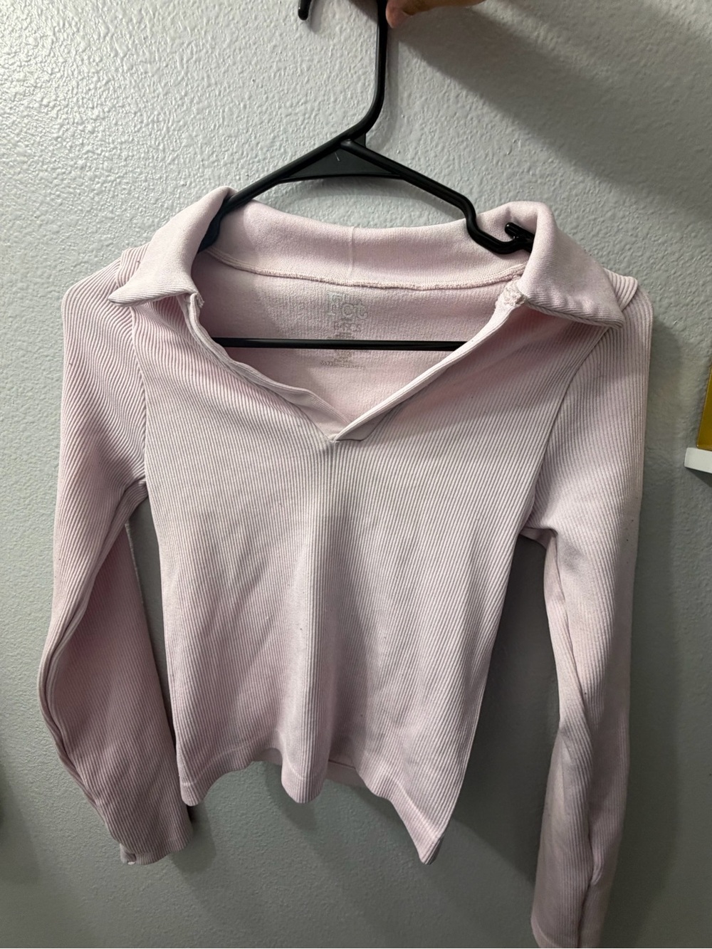 & Other Stories Soft Light Pink Ribbed Polo-Style Long Sleeve Top